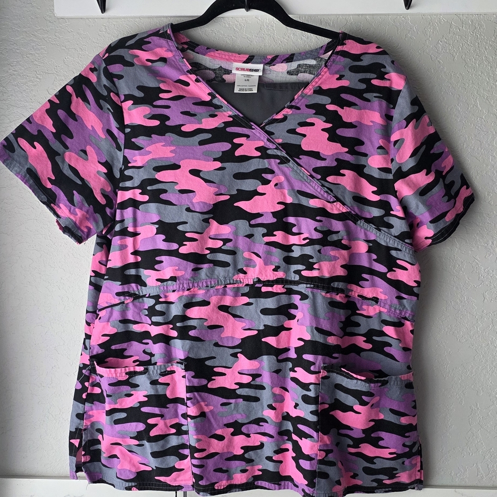 Scrubstar Pink, Gray and Black Camouflage Scrub Top Size L